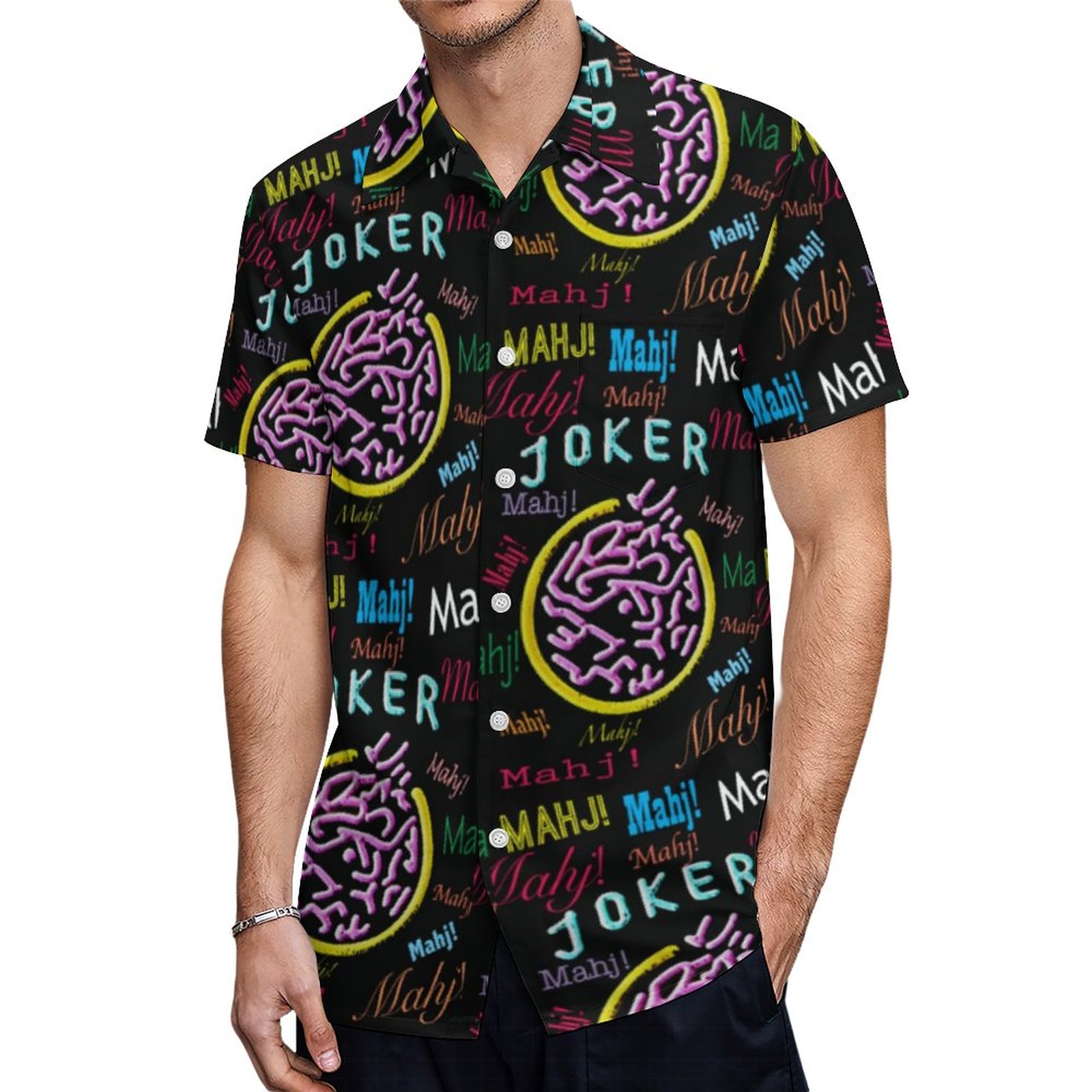 Mah Jongg Black Joker Hawaiian Shirt Mens Button Down Plus Size Tropical Hawaii Beach Shirts