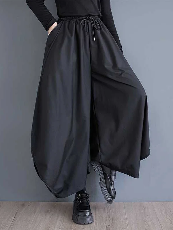 Vintage Black Drawstring Elasticity High Waisted Pockets Culotte Pants