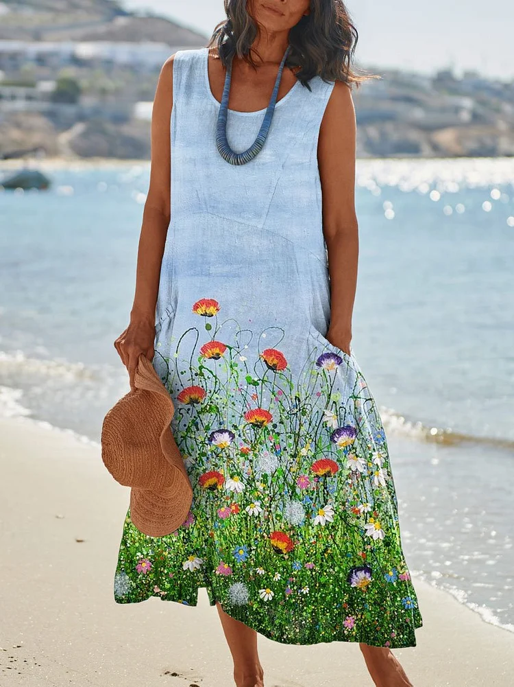 Womens Wild Flower Print Pocket Pinafore Linen Dress