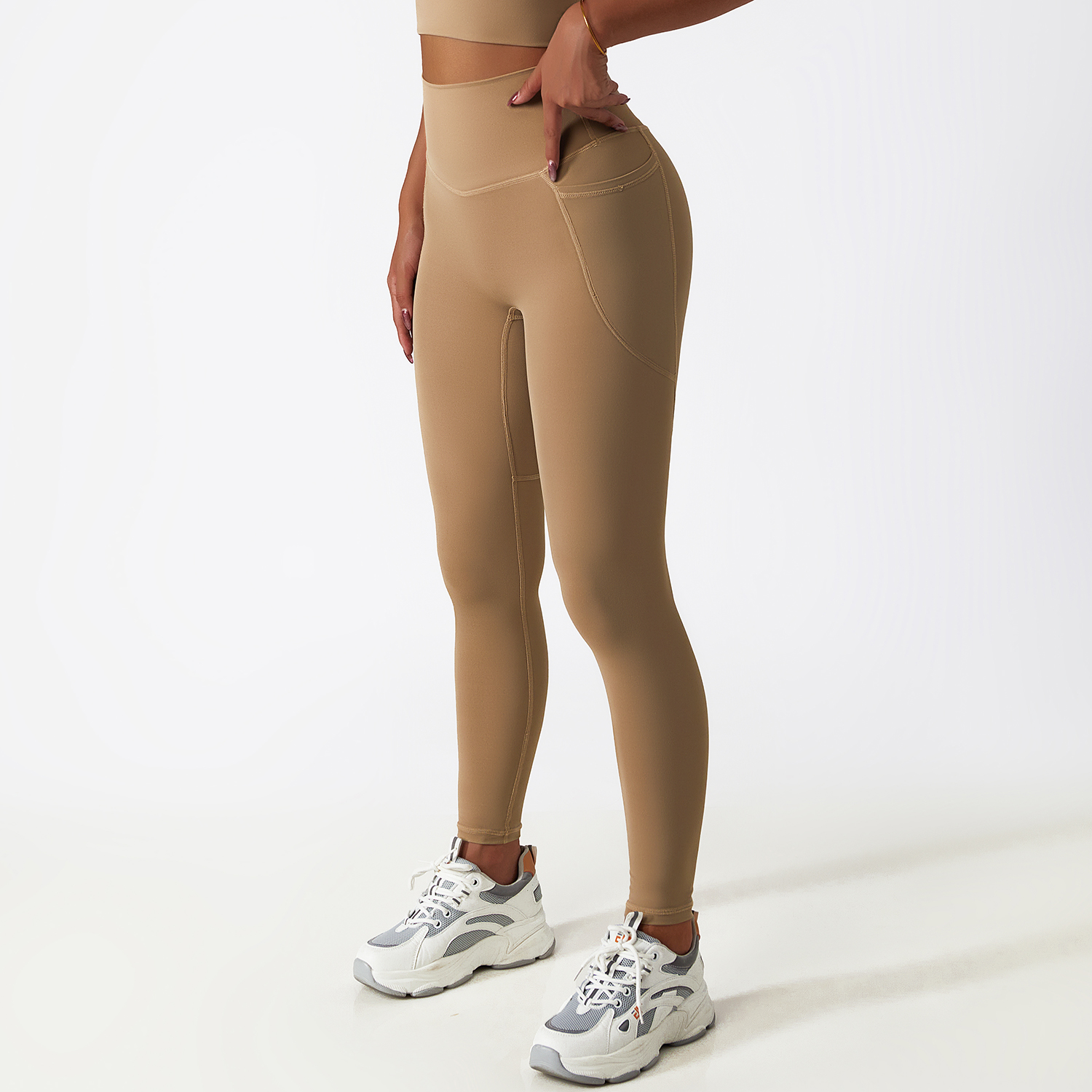 Hergymclothing Sand Brown ice silk buttery soft no t line butt lifting fitness leggings with pockets for sale