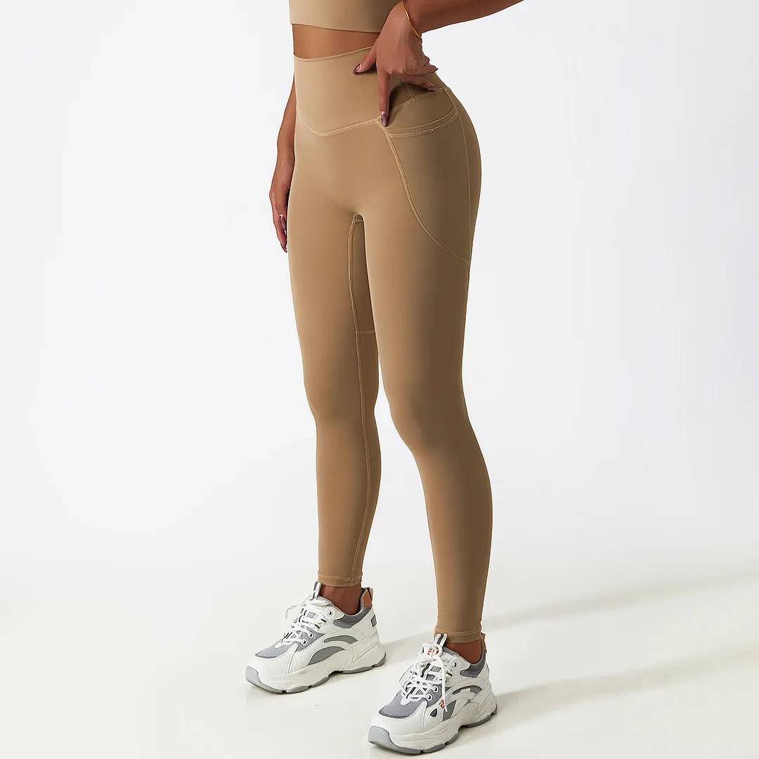 Hergymclothing Sand Brown ice silk buttery soft no t line butt lifting fitness leggings with pockets for sale
