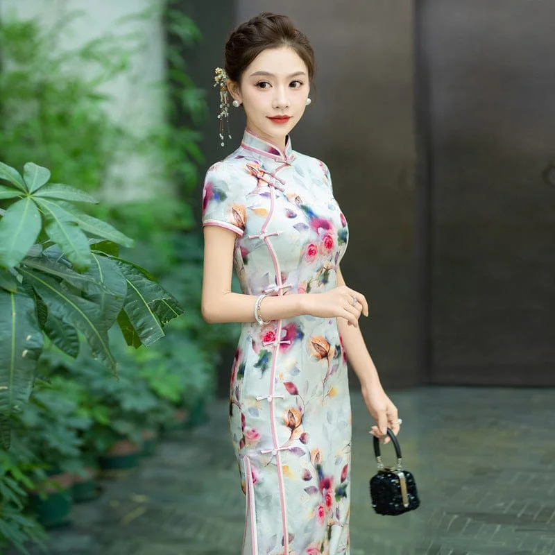 Rose print, 19 mome mulberry silk, high-end long Cheongsam