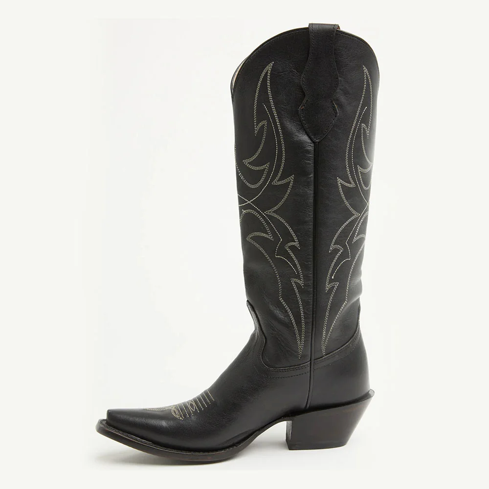 Snip Toe Chunky Heel Knee High Stitching Western Boots in Black