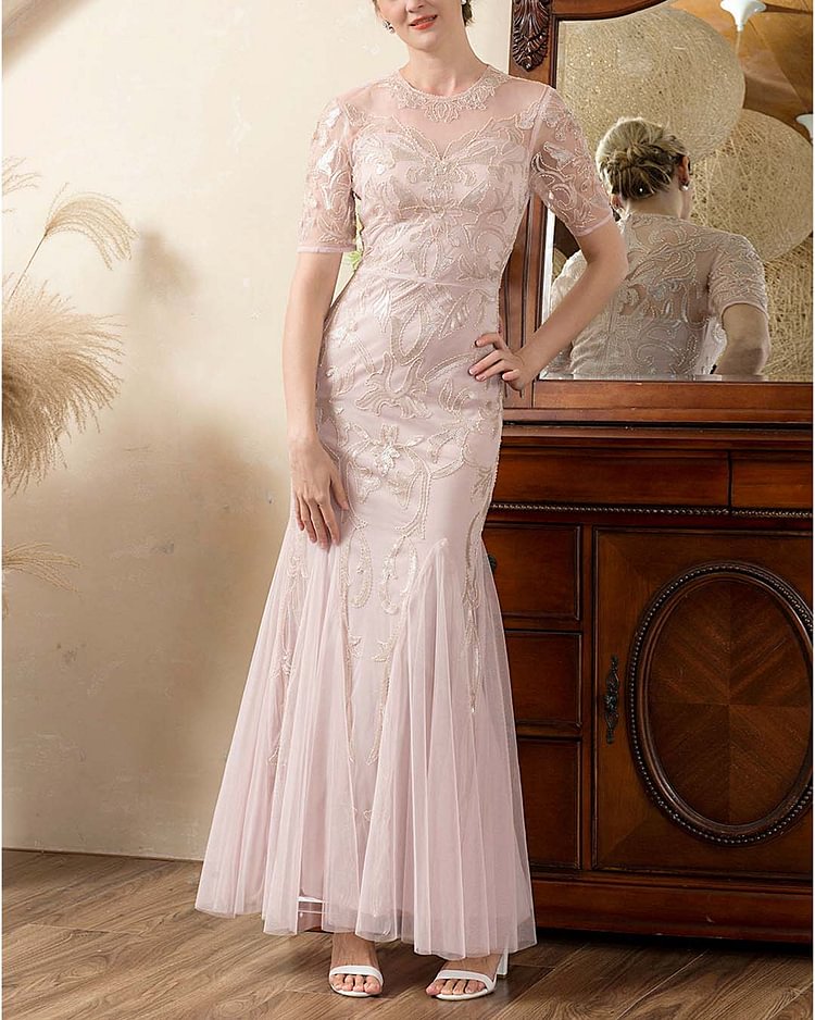Elegant Embroidered Mesh Evening Gown
