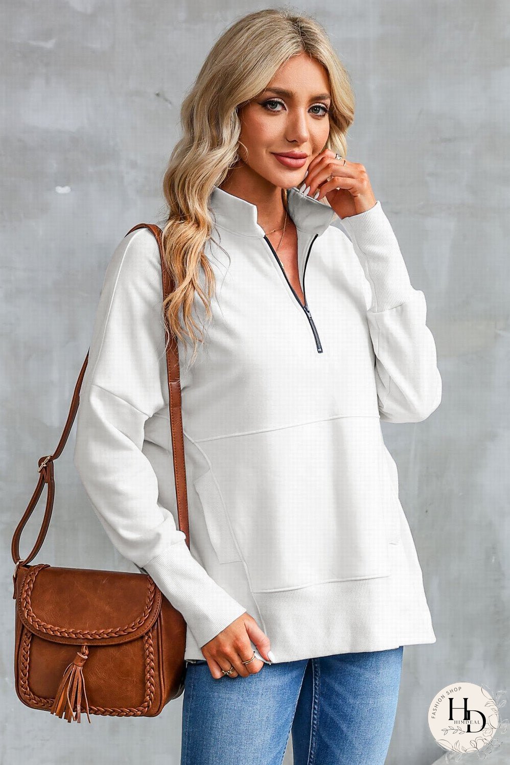 Cozy White Ribbed Pullover with Quarter-Zip Detail