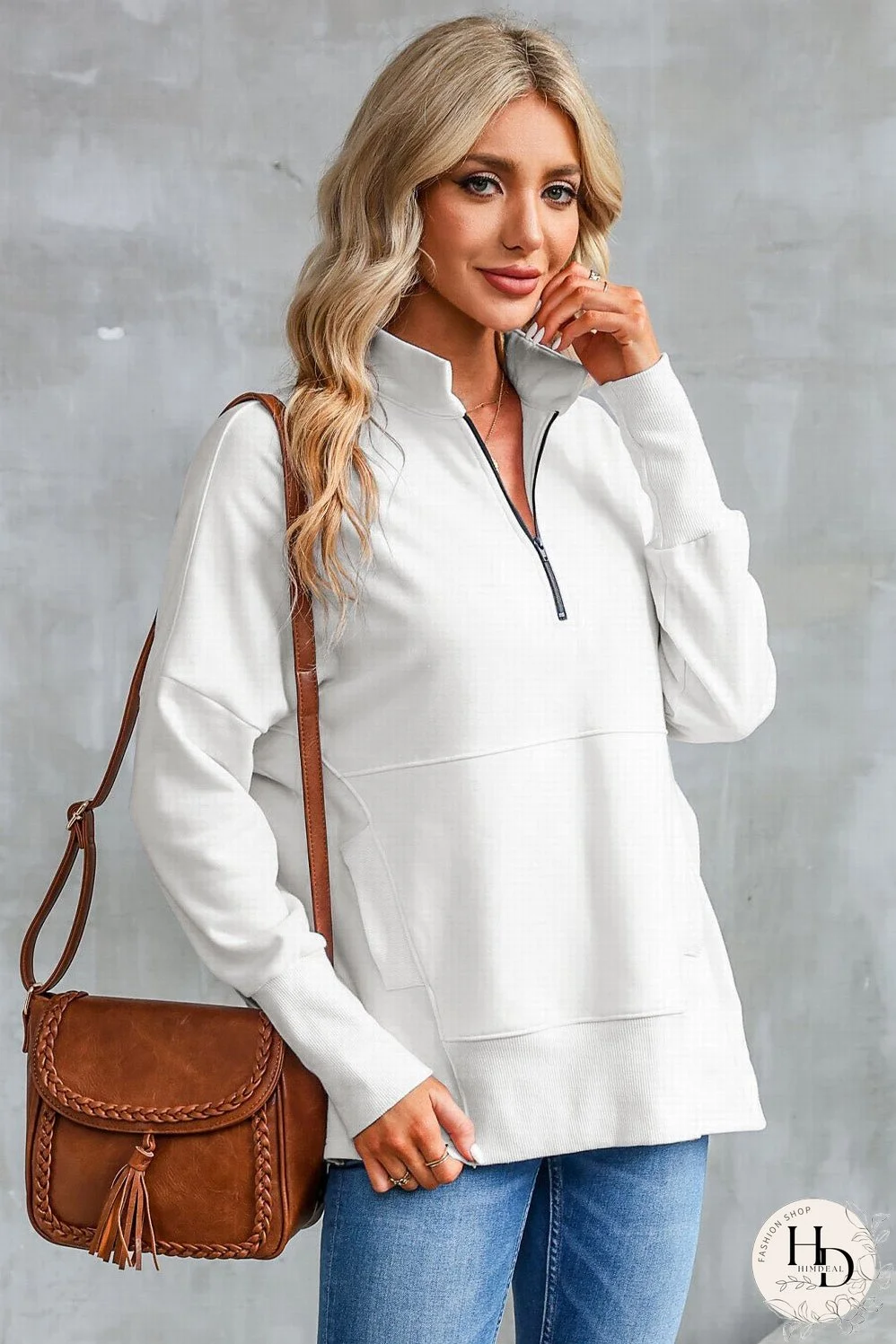 Cozy White Ribbed Pullover with Quarter-Zip Detail