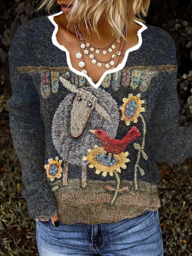 Women's Cute Plush Sheep Pattern Print V-Neck Knit Top