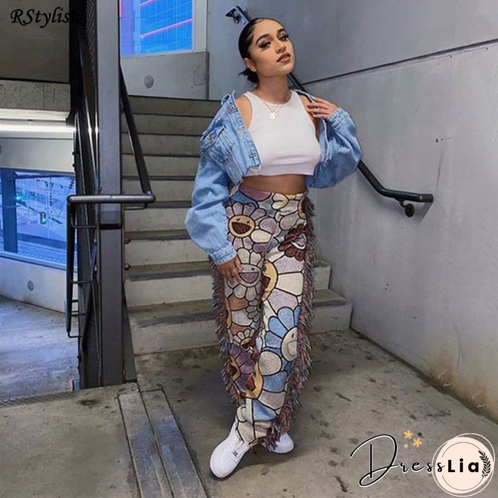Side Tassels Patchwork Elastic Waist Women Print Jogger Pant
