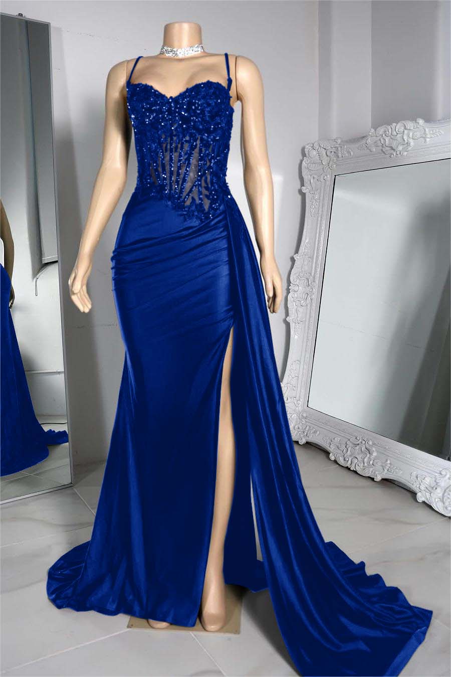Hidais Exquisite Black Spaghetti Strap Sleeveless Pleated Long Split Prom Dress With Beading