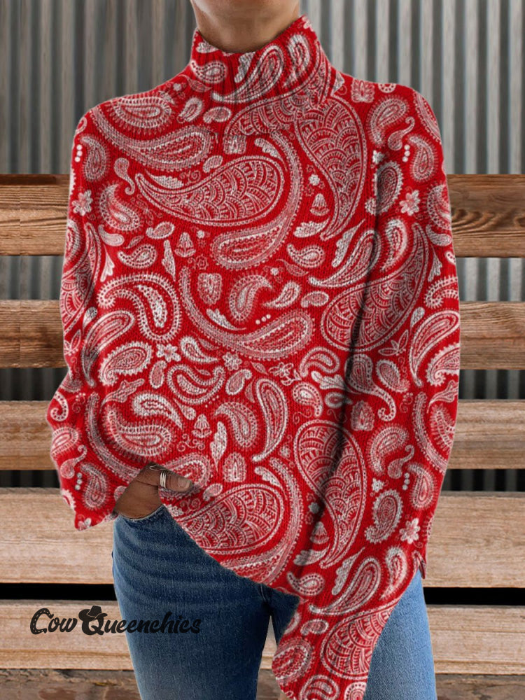 Vintage Print Knit Turtleneck Pullover Sweater Multicolor / S