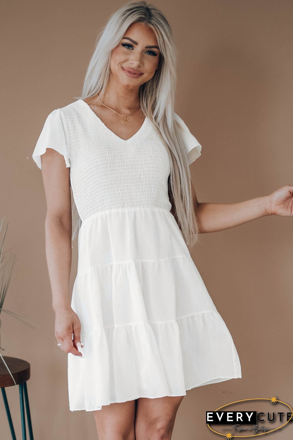 White Solid Smocked Short Sleeve V Neck Mini Dress