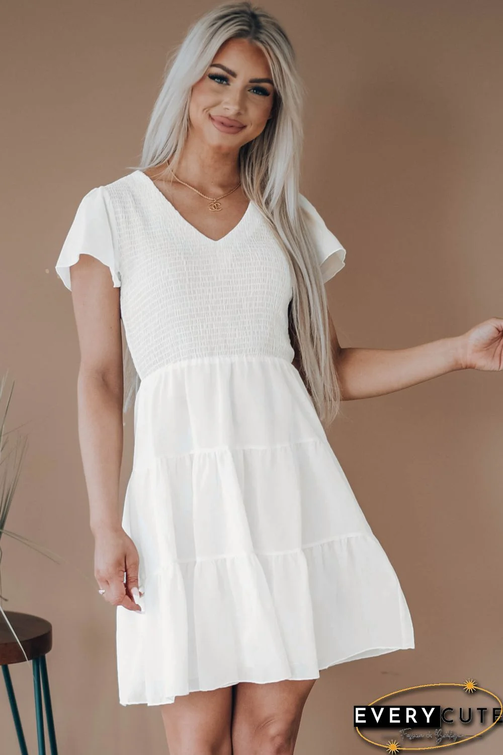 White Solid Smocked Short Sleeve V Neck Mini Dress
