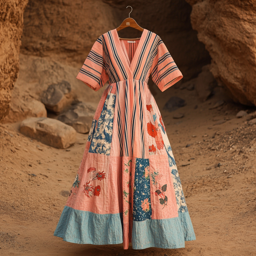 Women's Retro Striped Floral Stitching Cotton And Linen Short Sleeve Dress