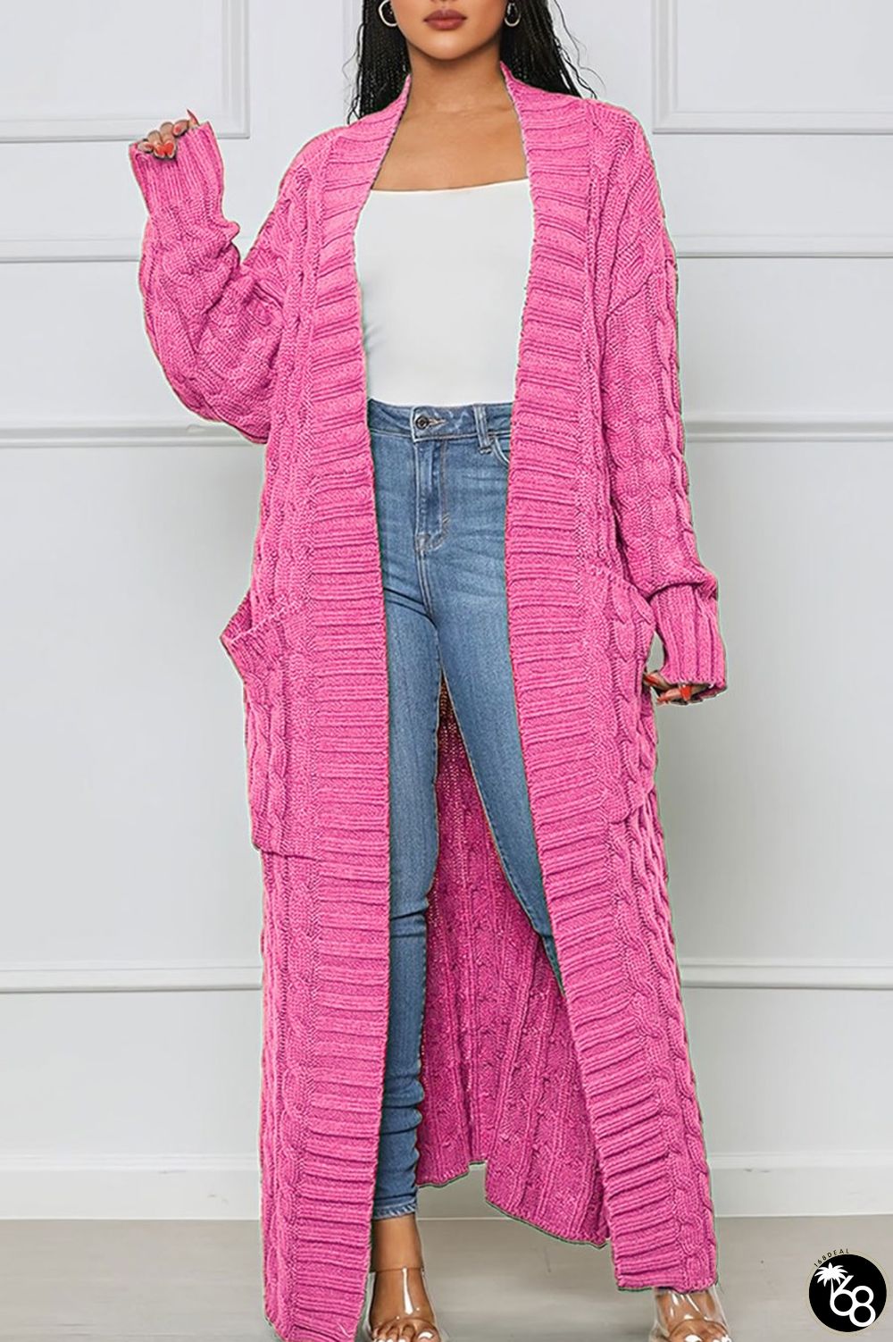 Pink Casual Street Solid Slit Cardigan Weave Outerwear | 168DEAL