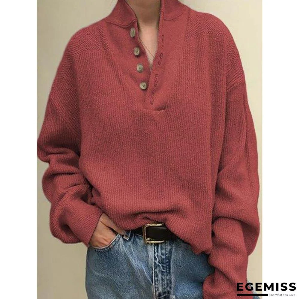 Long Sleeve V-Neck Buttoned Sweater | EGEMISS