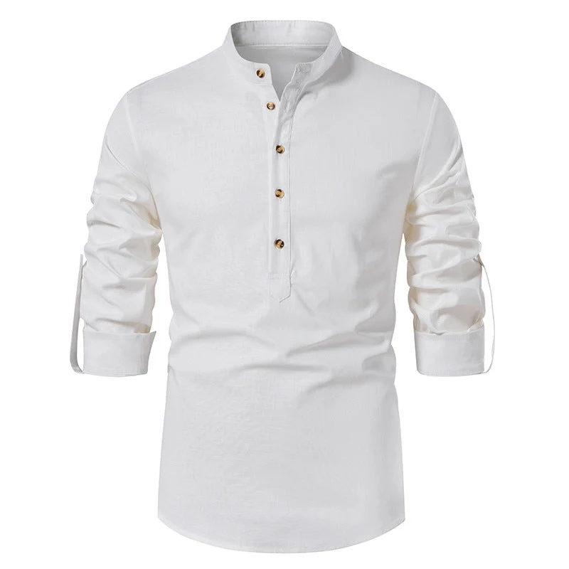 Men's Cotton Linen Henley Shirts Long Sleeves