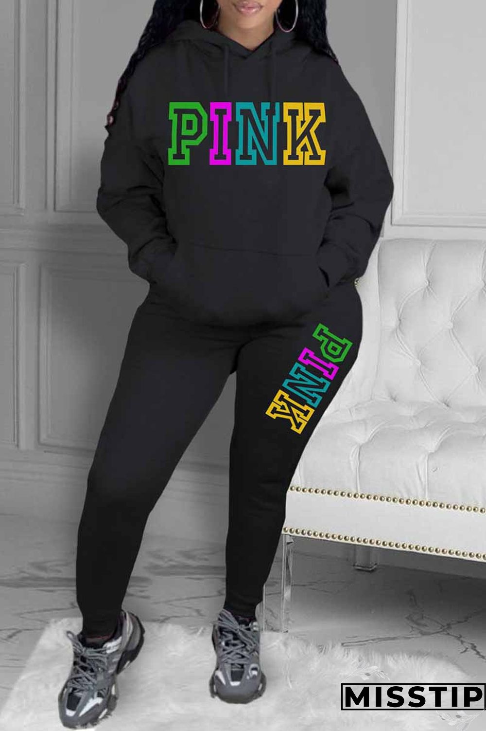 Grey Casual Print Letter Hooded Collar Long Sleeve Two Pieces