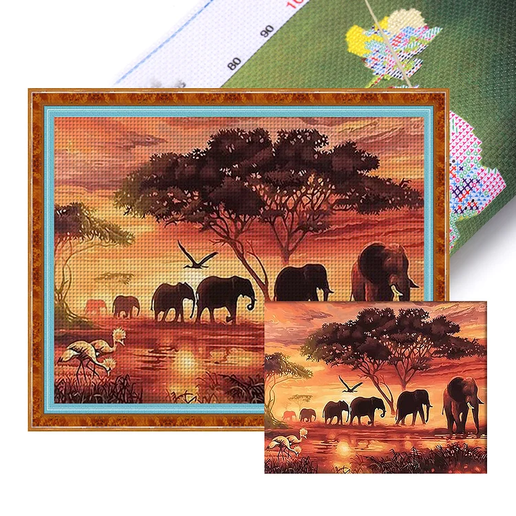 Elephants At Sunset 11CT Stamped Cross Stitch 50*40CM