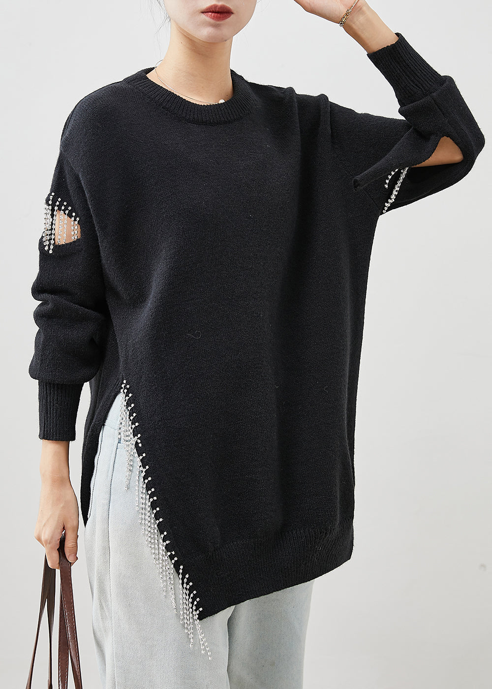 VCSHOES Black Tasseled Hollow Out Side Open Knit Top Winter