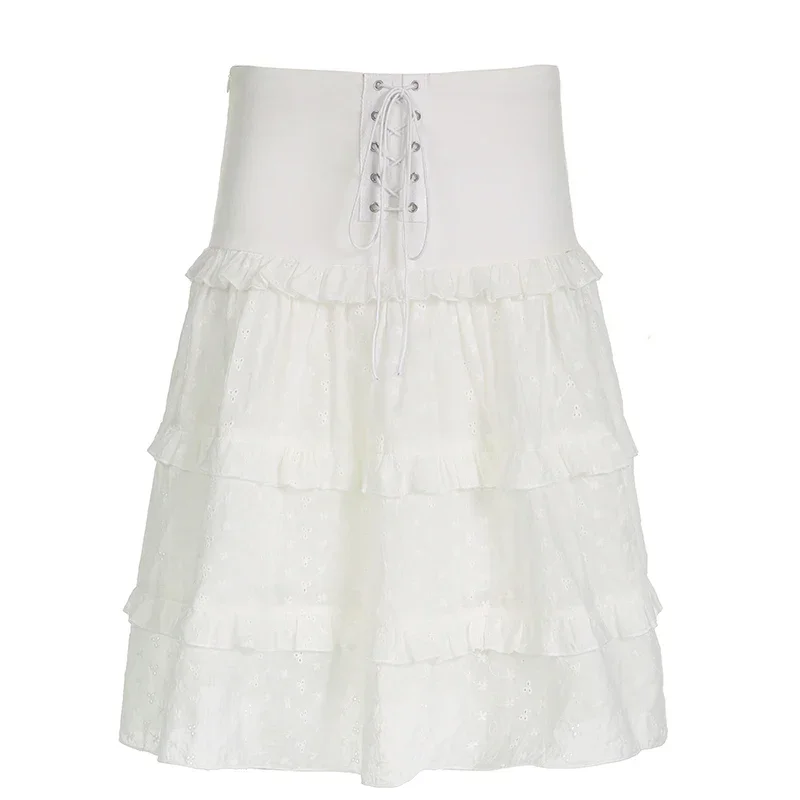 Huibahe Ruffle Long Skirt White Fairycore A-line Skirts Casual Chic Elegant Tie Up High Waist Skirts Holiday Party New