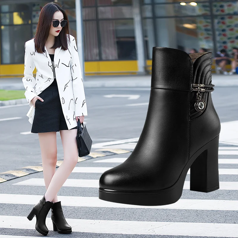 Qengg Boots Women's Thick Heels Large Size 40-43 Short Boots British Style Autumn And Winter Style High-Heeled Waterproof Platform Women's Boots