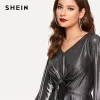 SHEIN Silver Knot Detail Ruffle Hem Metallic Womens Tops 2019 Spring Fashion V Neck Flounce Sleeve Glamorous Casual Solid Blouse