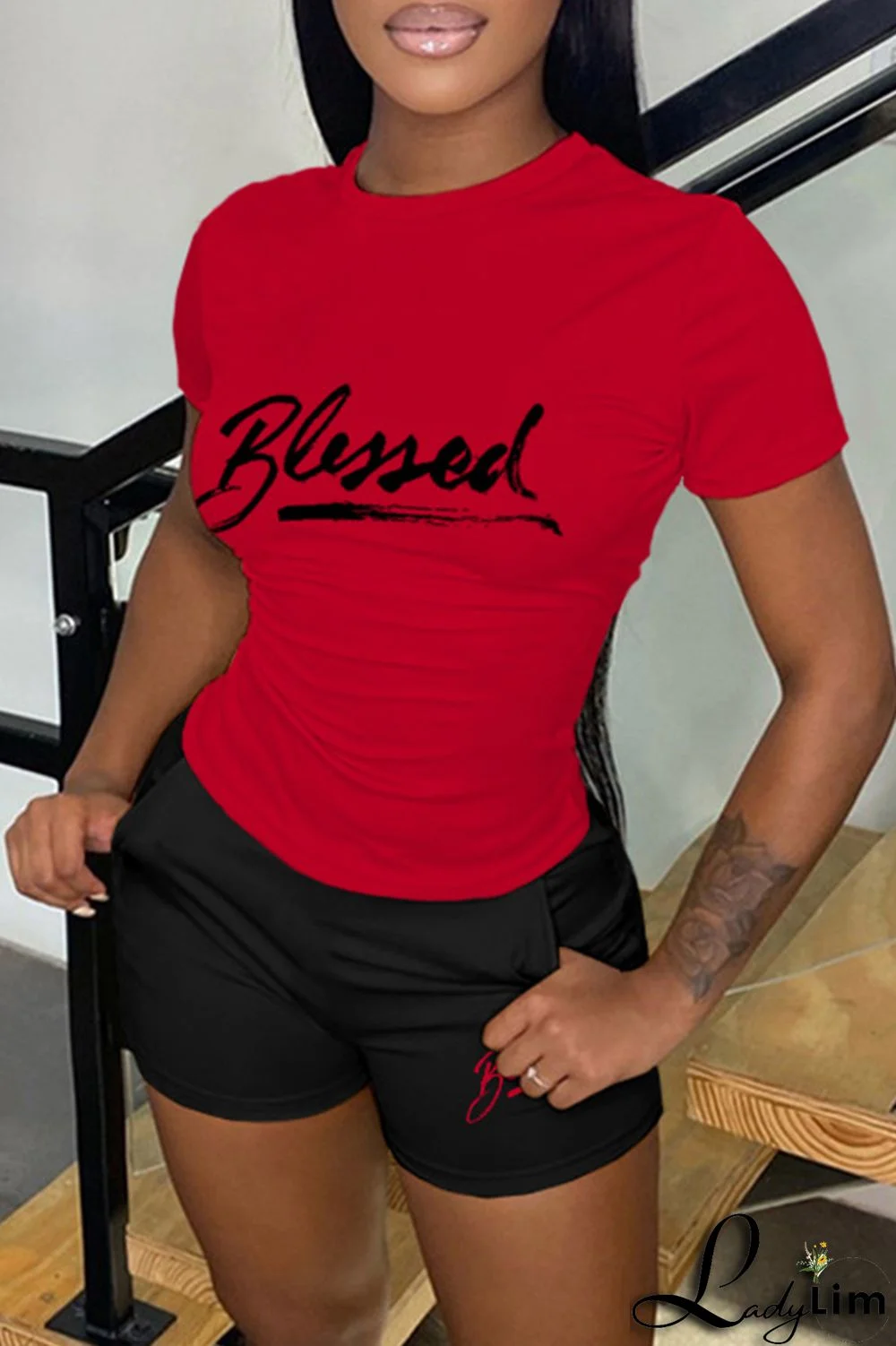 Pink Casual Letter Print Basic O Neck Short Sleeve Two Pieces