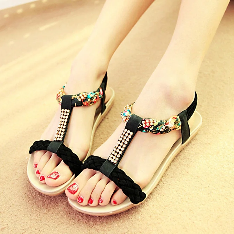 Women Sandals Summer Flat Heel Bohemian Sandals 2019 New Rhinestone Mixed Color Ladies Elastic Band Open Toes Beach Shoes