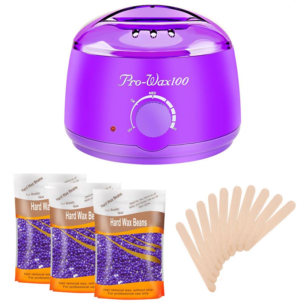 Purple Wax Warmer Hair Removal Kit with 3 pack Hard Wax Beans and 10 Wax Applicator Sticks