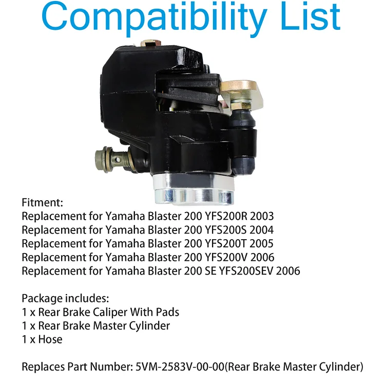 Silscvtt Rear Brake Caliper with Hose and Master Cylinder Replacement for Yamaha Blaster 200 YFS200 2003 2004 2005 2006 5VM-2583V-00-00