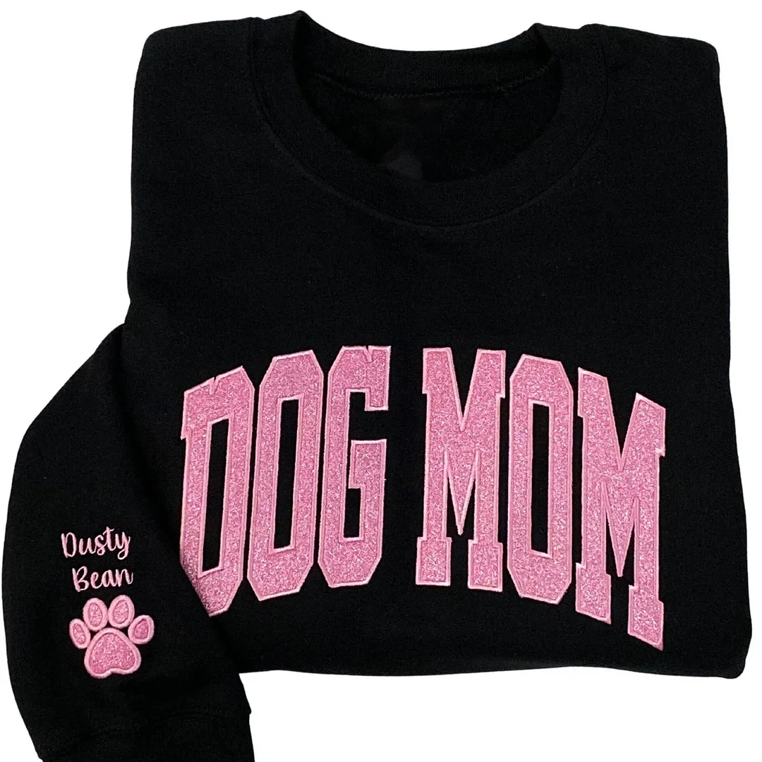 Embroidered Glittered Dog Mom Crewneck Sweatshirt