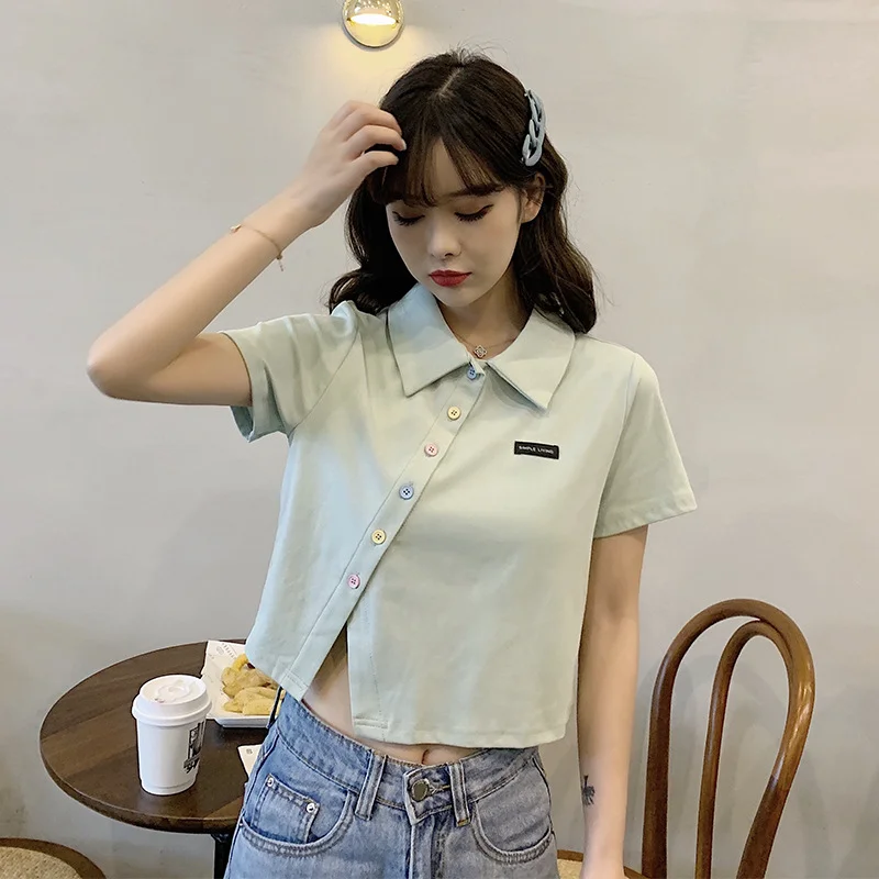 Uveng Uveng Cotton 2024 Summer New Polo Shirt Short-Sleeved T-Shirt Female Slim High Waist Lapel Short Style Student Jacket Tide