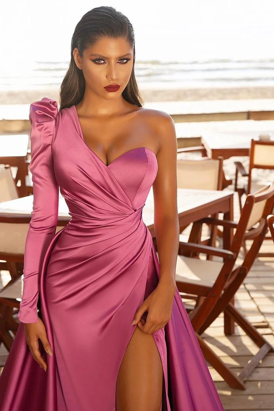 One Shoulder Long Sleeves Prom Dres With Split PD0105