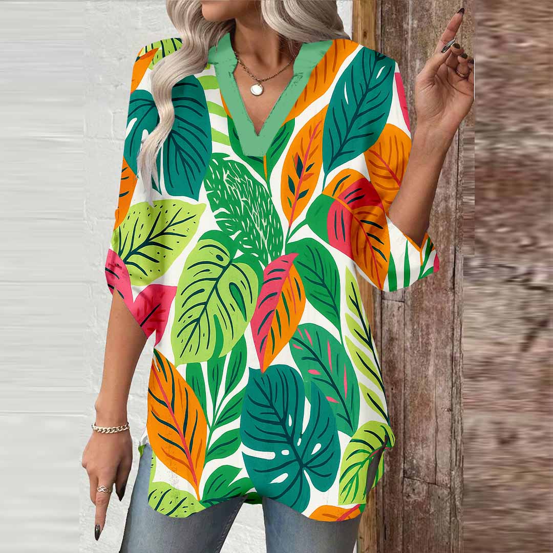 Women Tropical, Floral, Green DZGA0081 3/4 Sleeve V-neck Printed Graphic Button Tops
