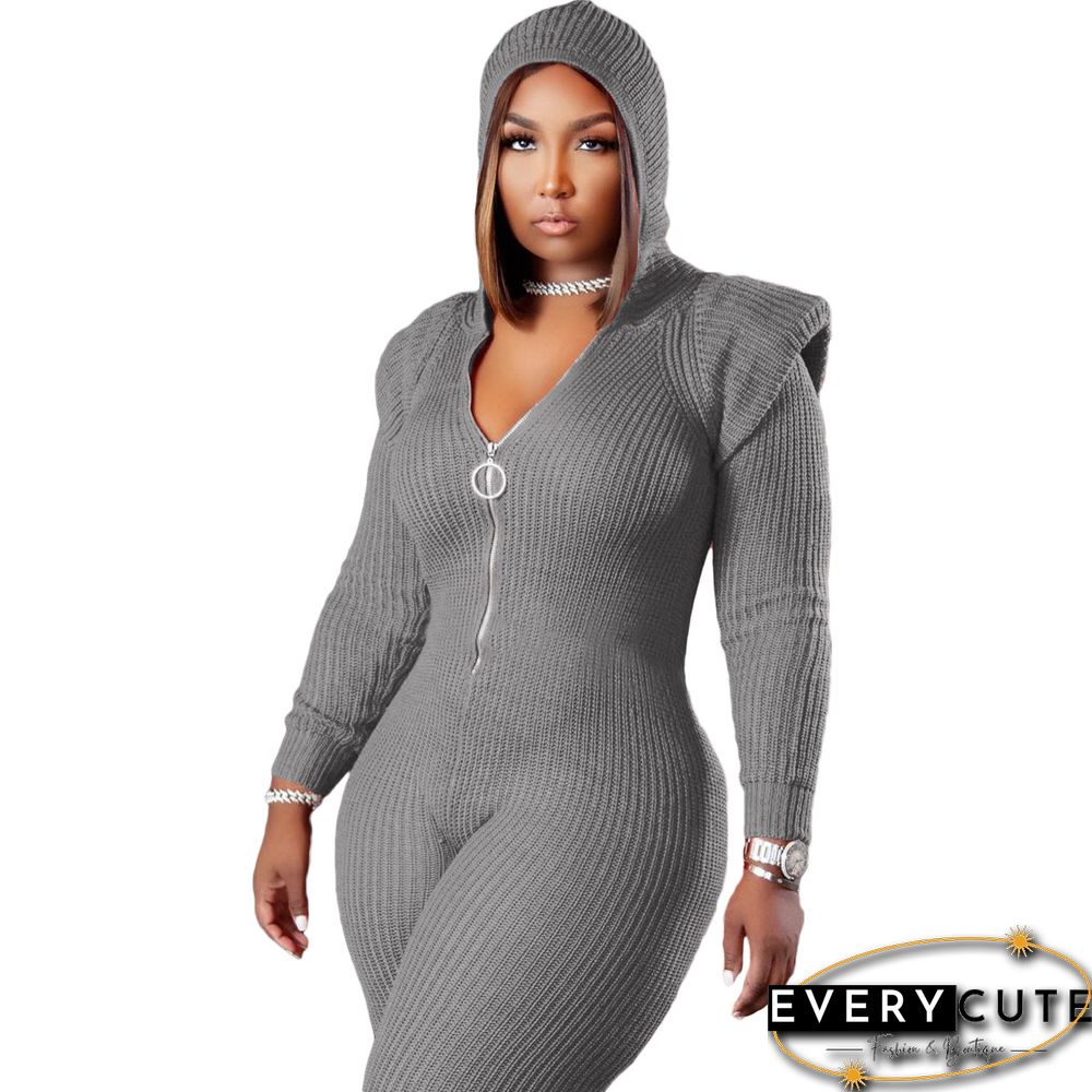 Knitted Long Sleeve Shoulder Padded Hooded Jumpsuit