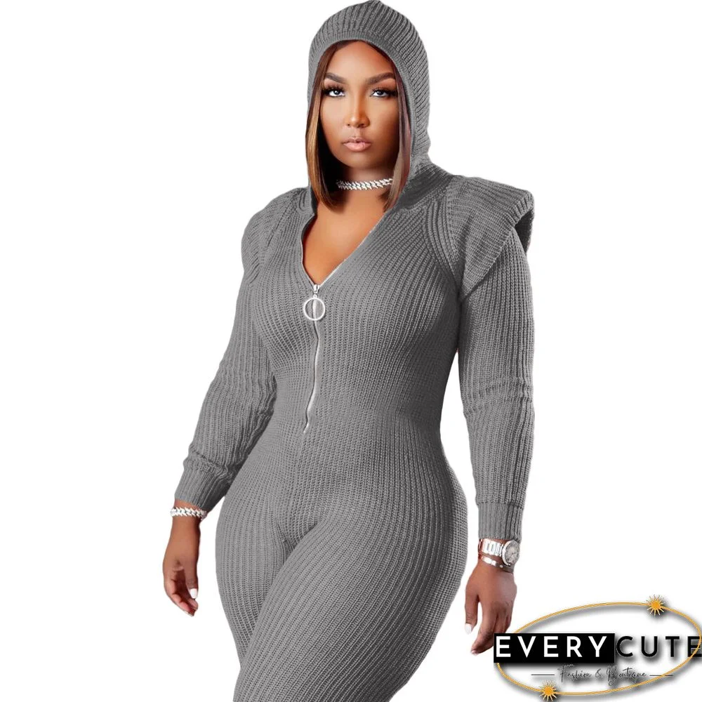 Knitted Long Sleeve Shoulder Padded Hooded Jumpsuit