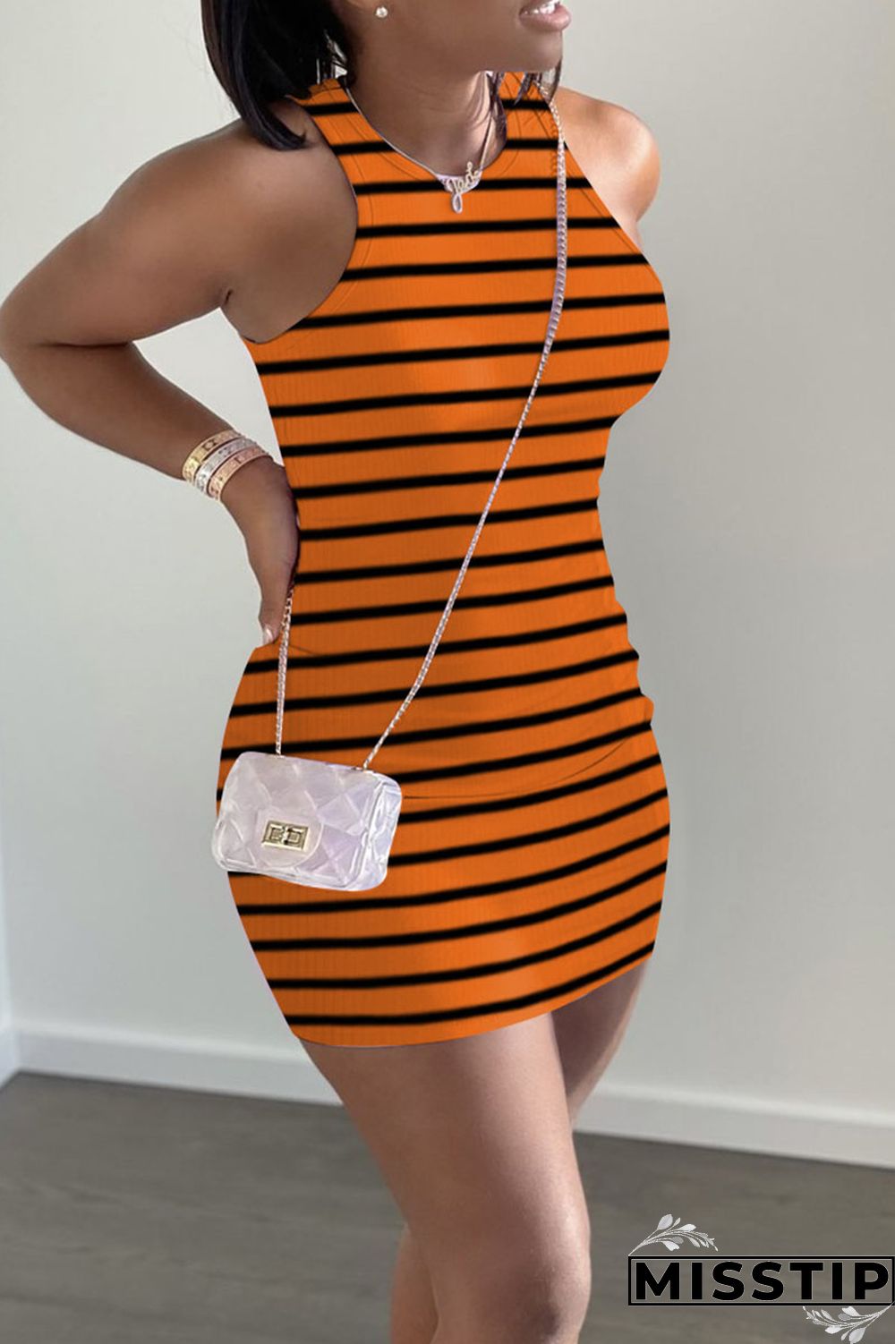 Black Casual Striped Print Patchwork O Neck Vest Dress Dresses