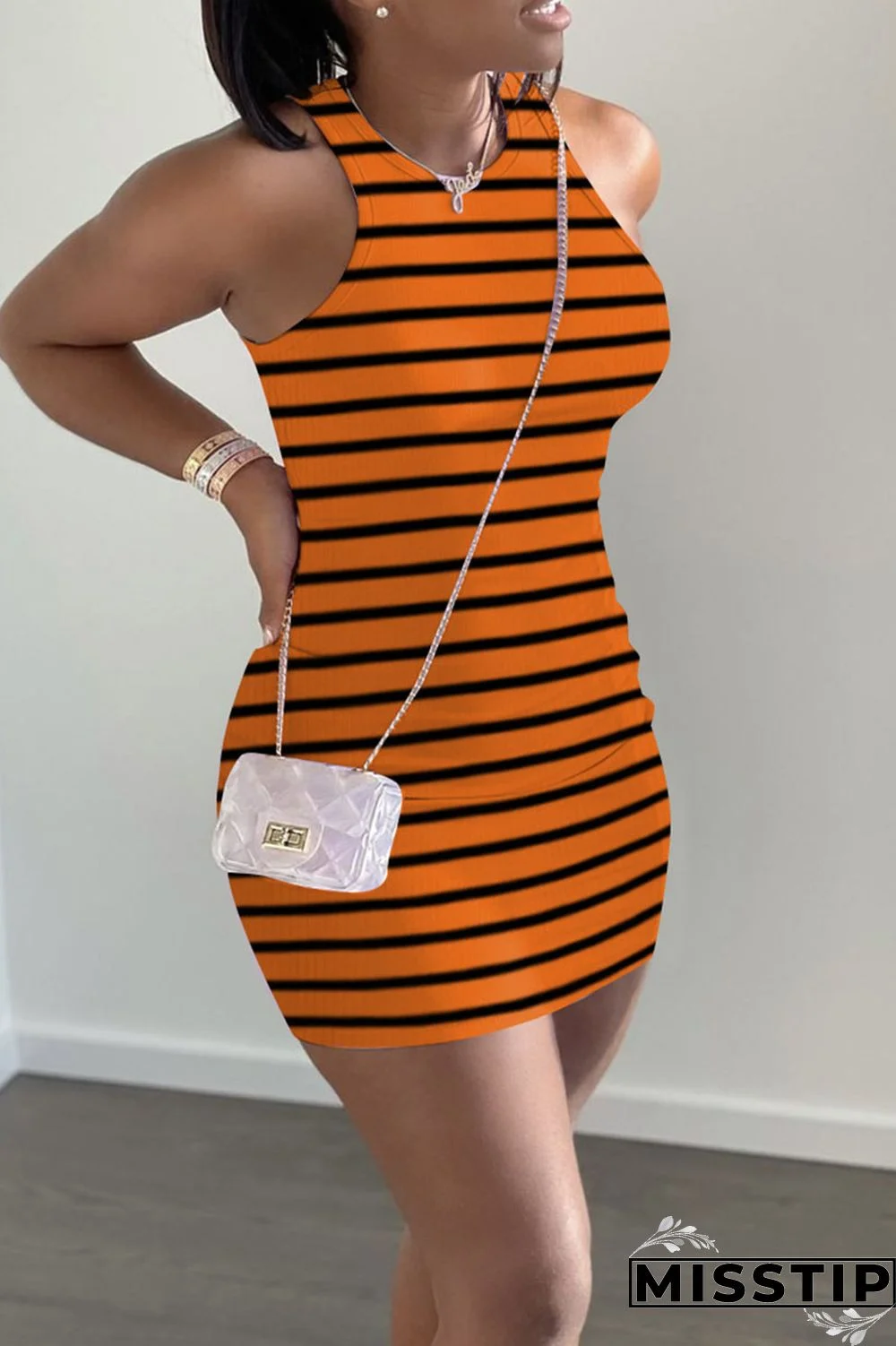 Black Casual Striped Print Patchwork O Neck Vest Dress Dresses