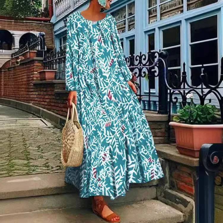 Uveng Uveng 2025 Summer New Women's Ebay Digital Print Long-Sleeved Dress Casual Long Dress