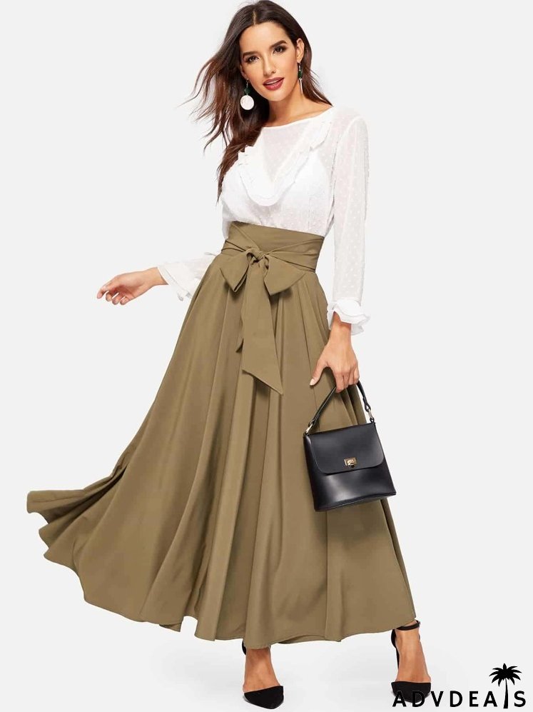 High Waist Zip Back Knot Swing Skirt