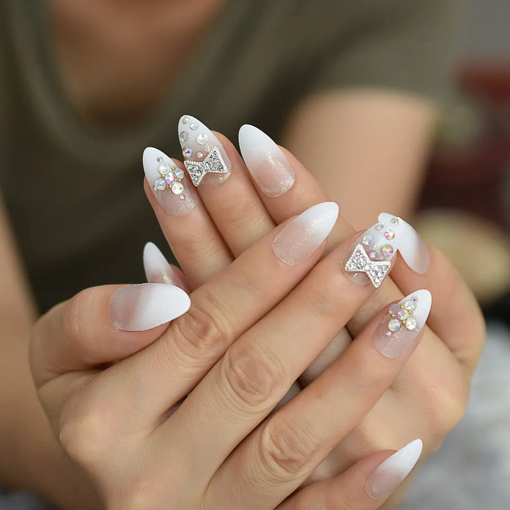 Bowtie Fake Diamond Rhinestone Decoration Nails Medium-Short Almond Sharp White Fadeing EchiQ Nails Tip Fingernails Supplies-Nail Inspo
