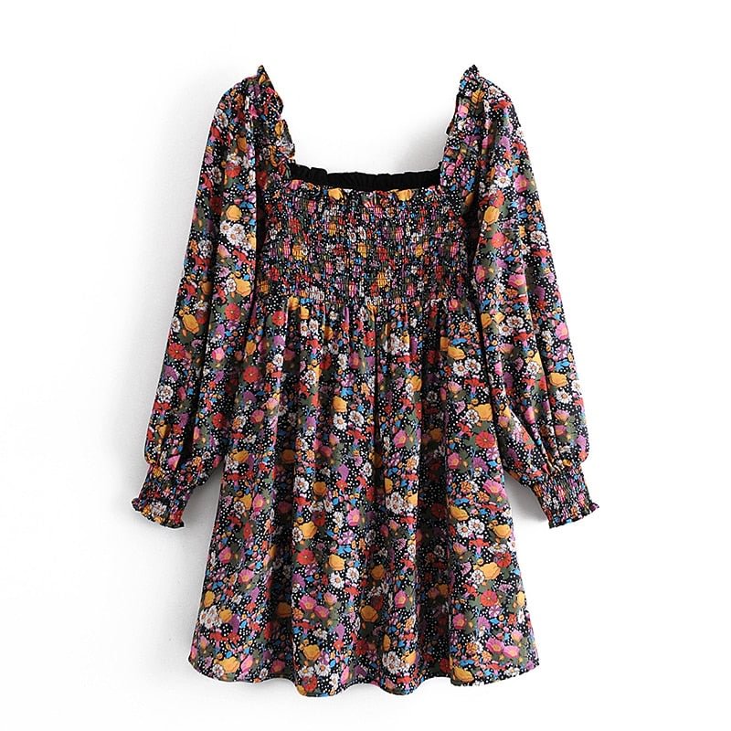 Aachoae Women Bohemian Floral Print Mini Dress Elegant Beach Dresses Elastic Bust Vintage Dress Spring Summer Vestidos Mujer