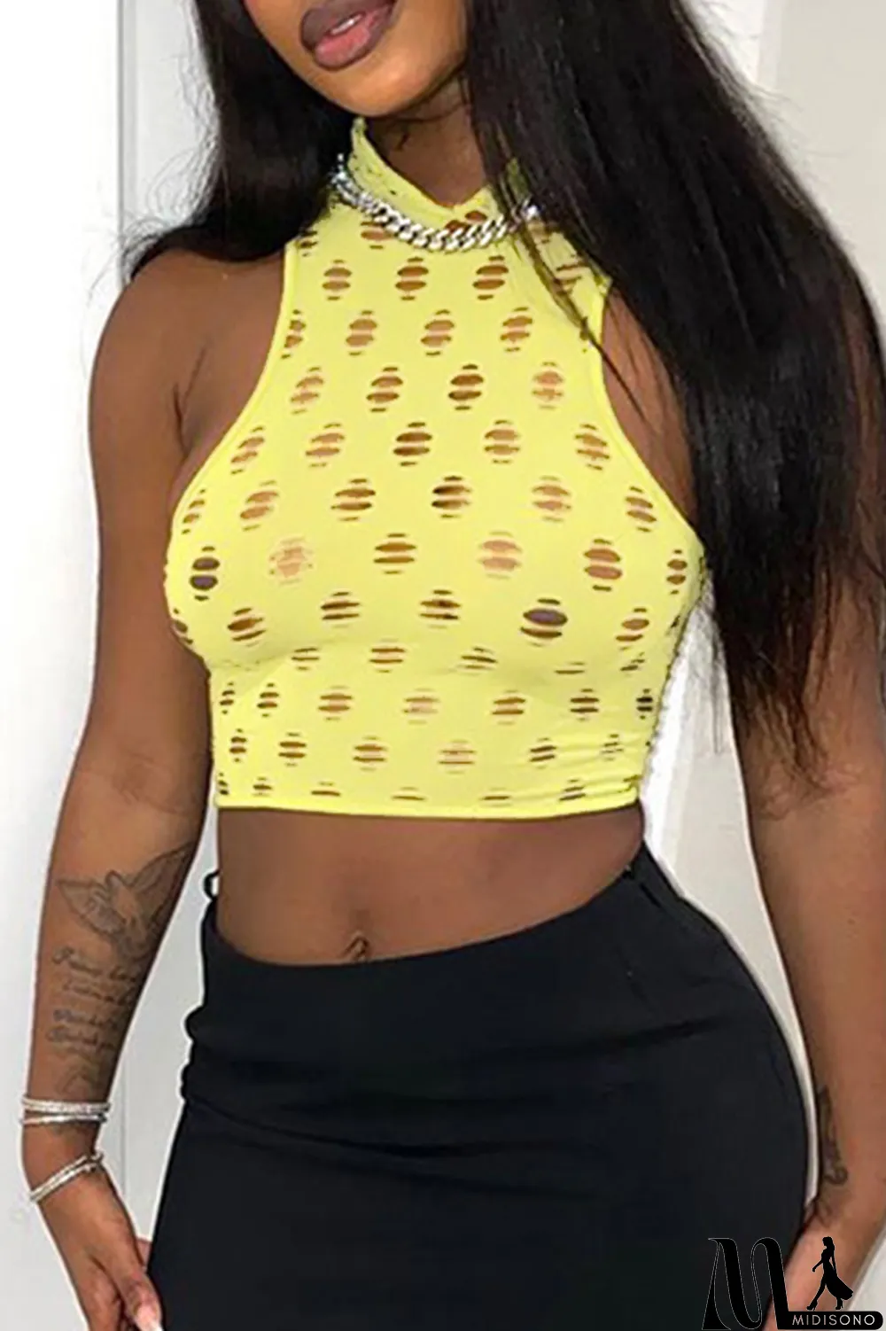 MidiSono - Yellow Fashion Sexy Solid Ripped Hollowed Out O Neck Tops