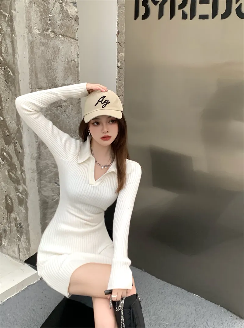 KOREAN LAPEL LONG SLEEVE KNIT WRAP DRESS