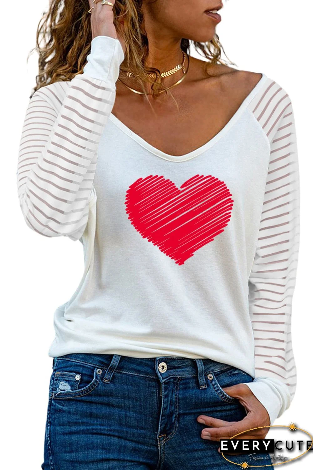 White Valentine Heart Print Mesh Patchwork Long Sleeve T-shirt