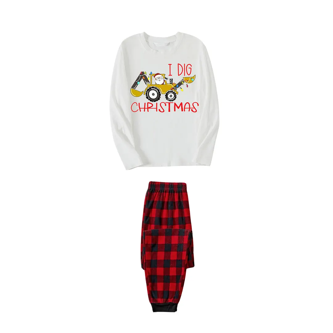 "I Dig Christmas" Cartoon Excavator Pattern White Long Sleeve with Black&Red Plaid Pants Family Matching Pajamas