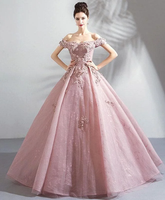 Pink Tulle Off Shoulder Long Prom Dress, Pink Lace Evening Dress