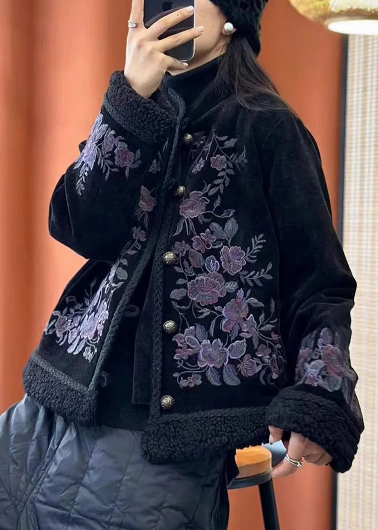 Women Black Embroideried Button Cotton Filled Coats Long Sleeve