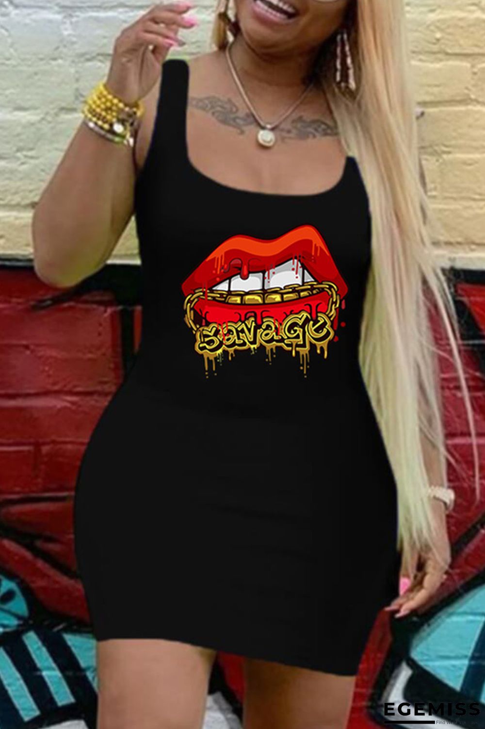 Black Fashion Casual Lips Printed Basic U Neck Vest Dress | EGEMISS