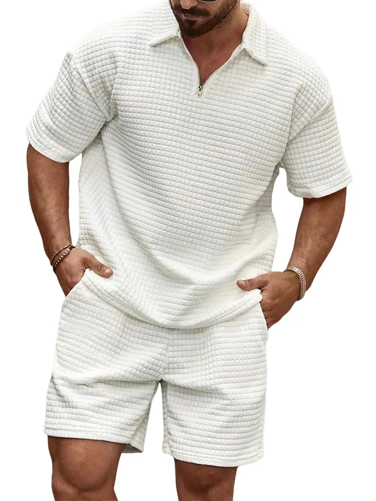 Men's Solid Color Waffle Lapel Zip Short Sleeve Shorts Set